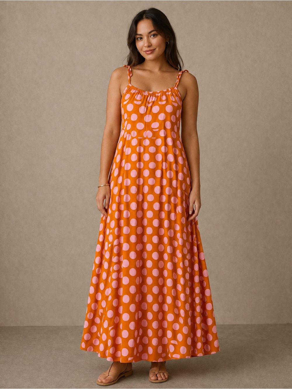 THML Orange Maxi Dress with Pink Polka Dots